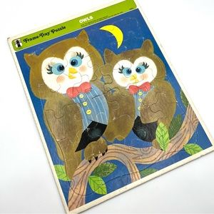 Vintage 1971 Frame-Tray Puzzle By Rainbow Works Owls in Bow Ties, Child’s Puzzle
